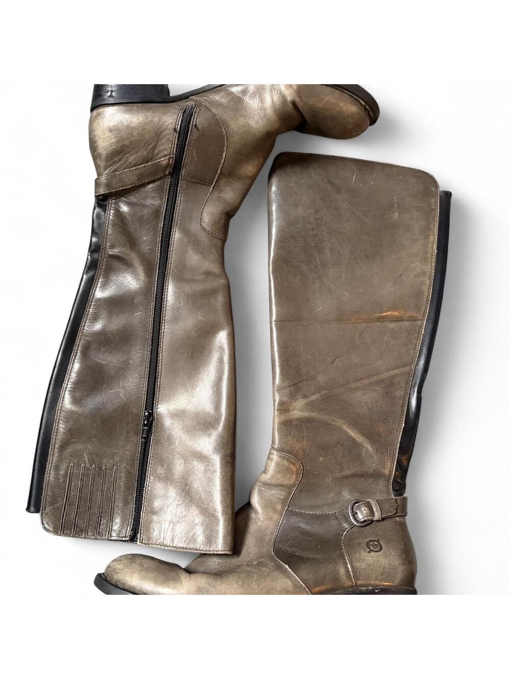 Born “Helen” Olive brown leather knee high riding boots with buckle detail.
